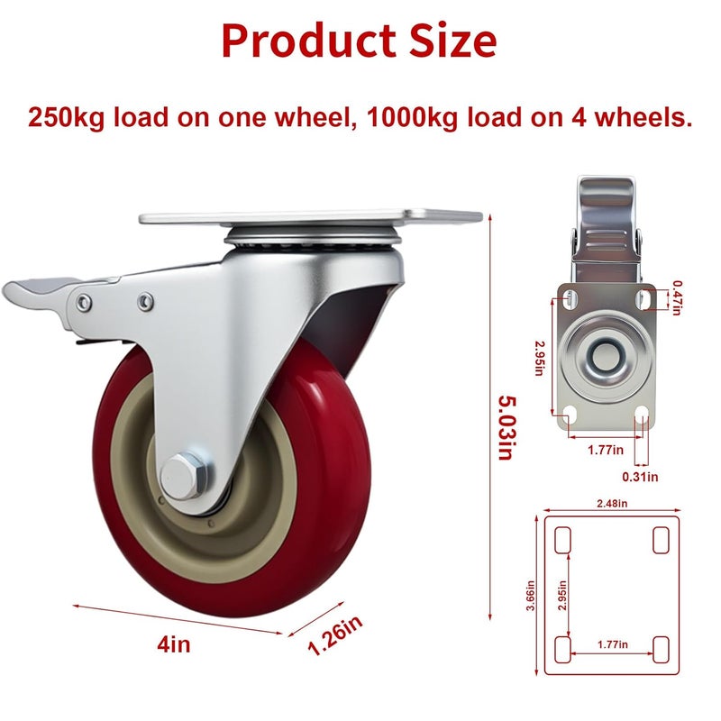 Htudcoue 6 Pcs 4 Inch Heavy Duty Casters, (6 casters Load Capacity 3300 lbs) Lockable Swivel Bearing Caster with Brakes for Workbenches, Shelves, Carts, Etc. - Image 2